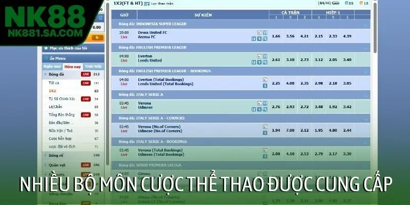 Nhiều bộ môn cược thể thao được cung cấp